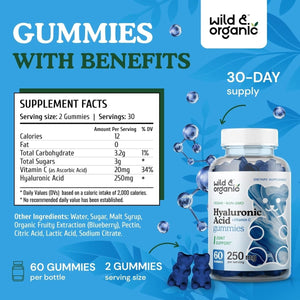 Wild & Organic Hyaluronic Acid Gummies 250Mg - Hair & Skin & Nails Supplement - 60 Vegan Chewables - Suppviv