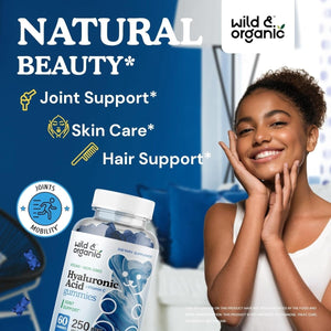 Wild & Organic Hyaluronic Acid Gummies 250Mg - Hair & Skin & Nails Supplement - 60 Vegan Chewables - Suppviv