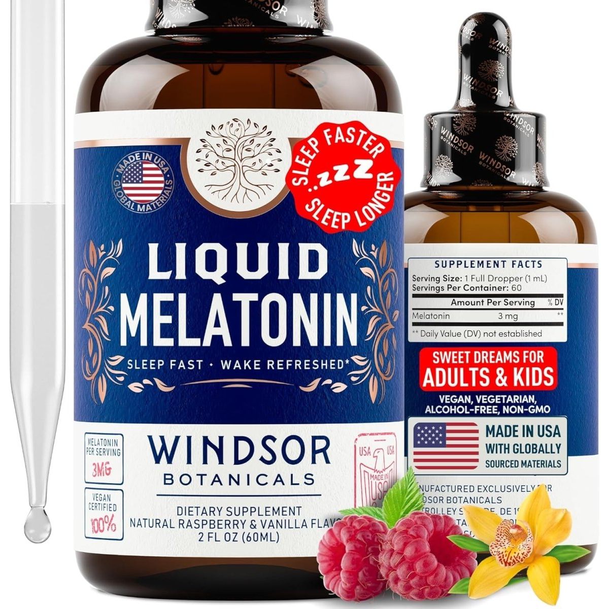 WINDSOR BOTANICALS Liquid Melatonin Drops - for Adults and Kids 2Oz - Suppviv
