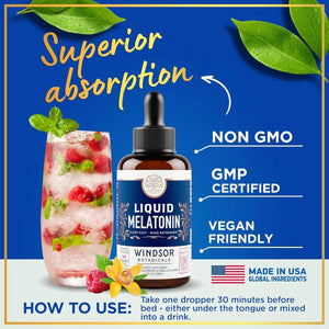 WINDSOR BOTANICALS Liquid Melatonin Drops - for Adults and Kids 2Oz - Suppviv