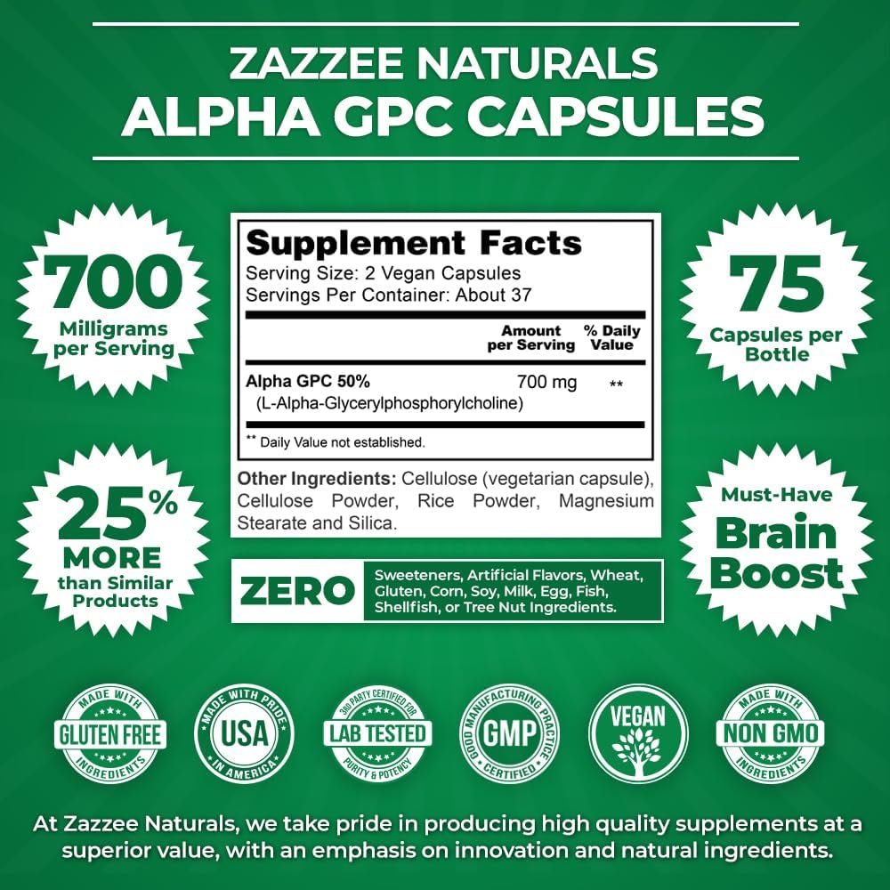 Zazzee Extra Strength Alpha GPC Choline, 700 Mg, 75 Vegan Capsules, - Suppviv