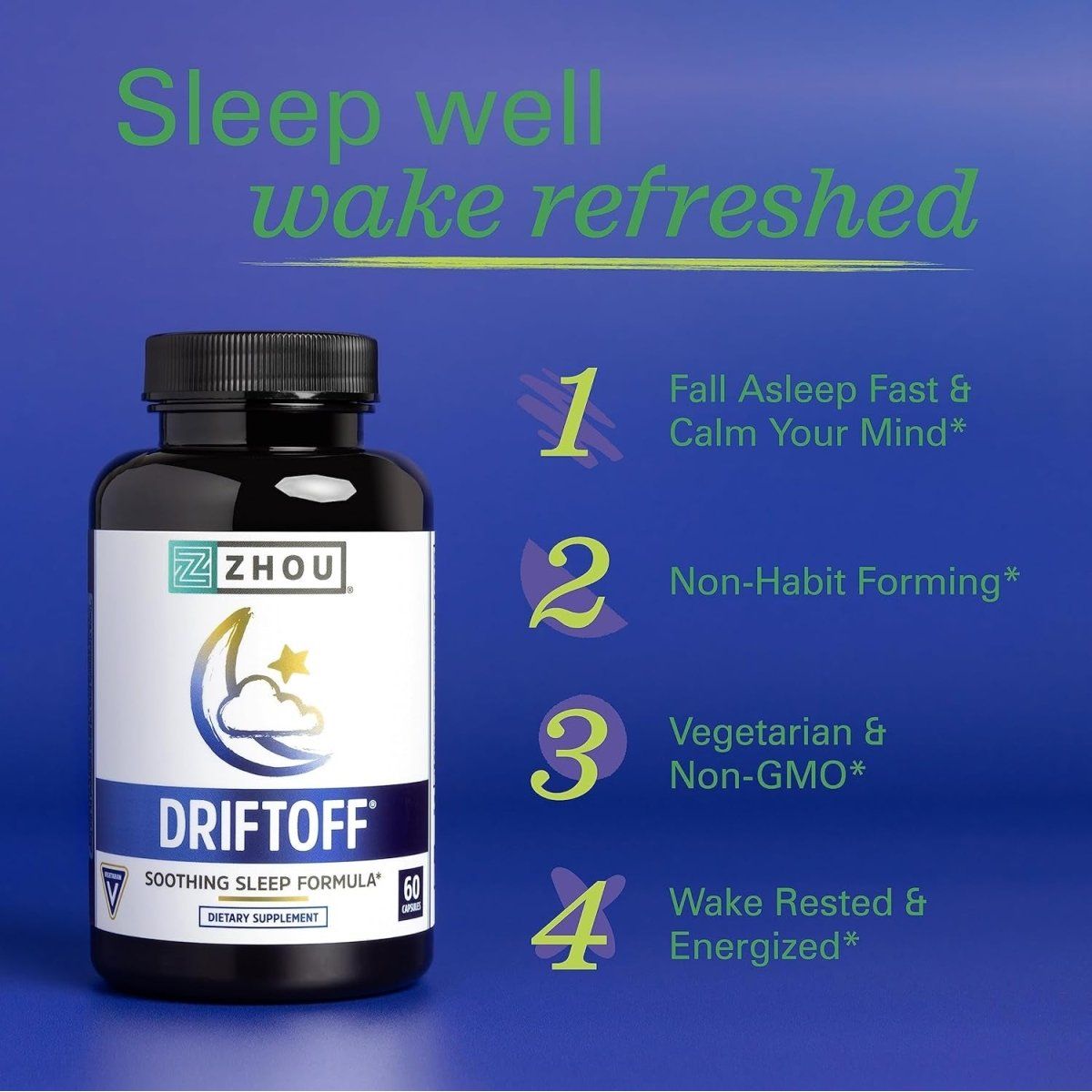 Zhou Drift off Premium Sleep Aid with Valerian Root, Melatonin, GABA 30 Servings 60 Capsules - Suppviv