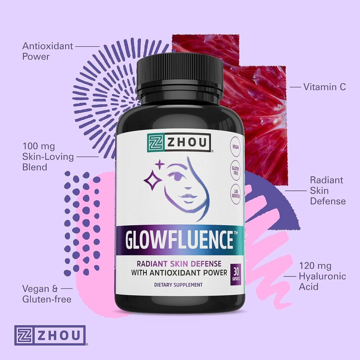 Zhou Glowfluence Hyaluronic Acid Supplement with Vitamin C and Antioxidants, 30 Veg Caps - Suppviv