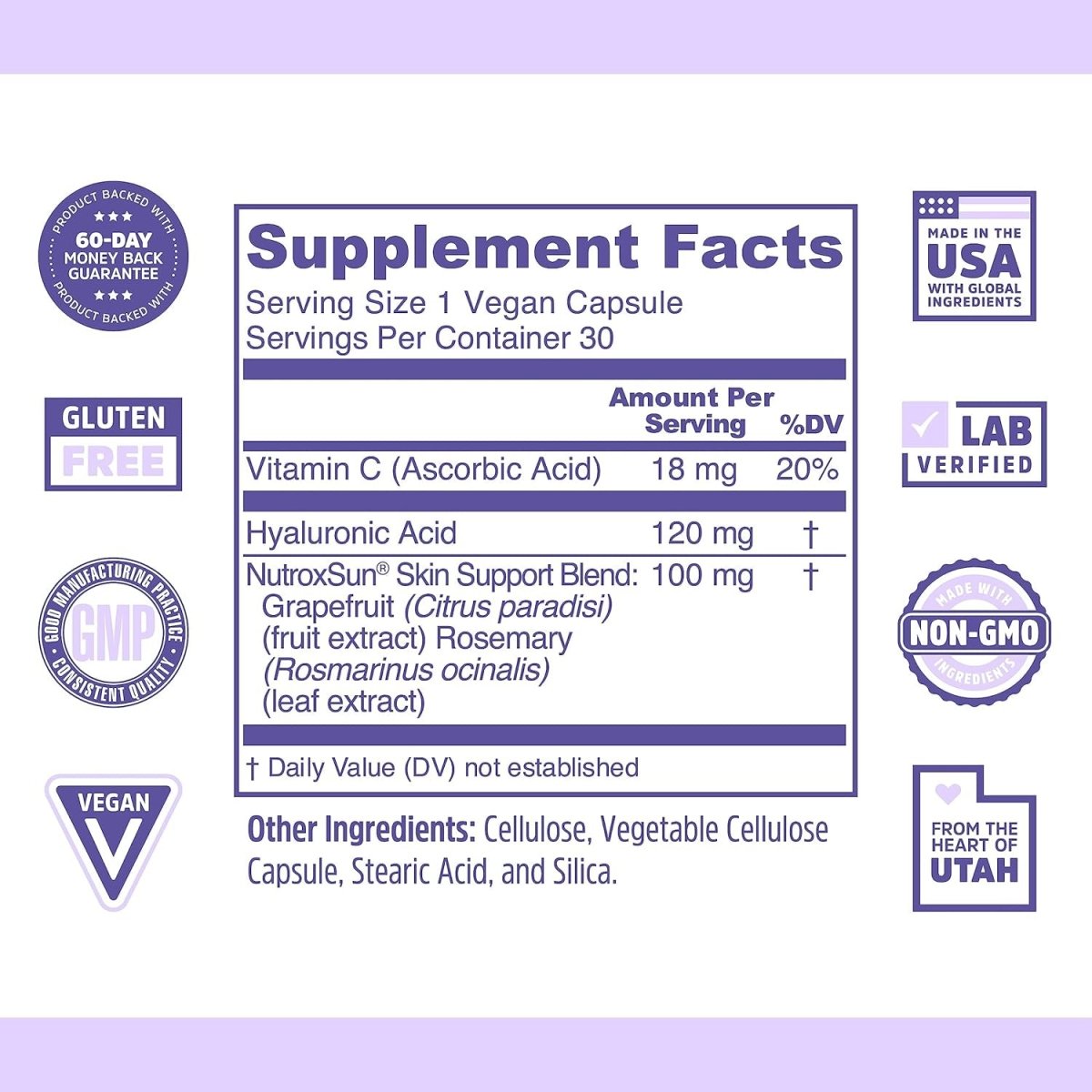 Zhou Glowfluence Hyaluronic Acid Supplement with Vitamin C and Antioxidants, 30 Veg Caps - Suppviv