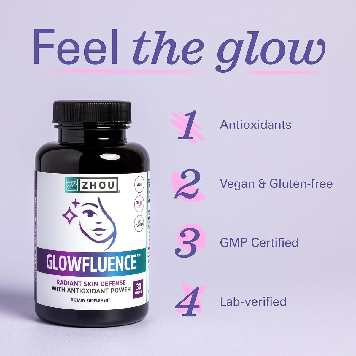 Zhou Glowfluence Hyaluronic Acid Supplement with Vitamin C and Antioxidants, 30 Veg Caps - Suppviv
