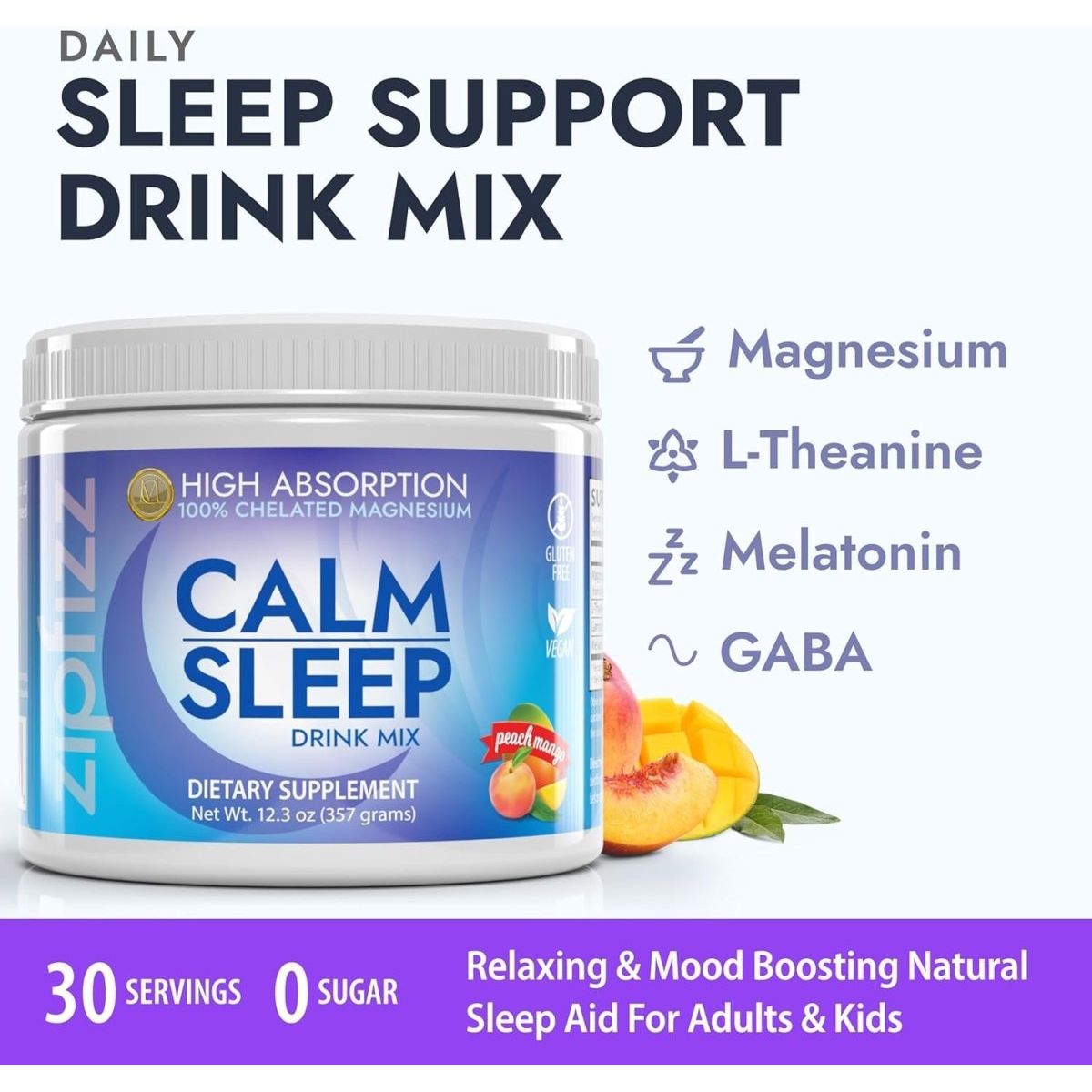 Zipfizz Nightly Calm & Sleep Supplement Powder - Peach Mango 12.3 Oz - Suppviv