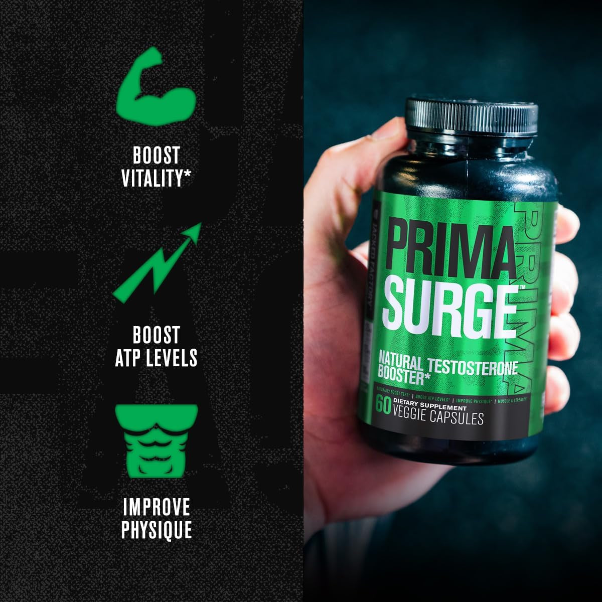 Jacked Factory Testosterone Booster for Men PRIMASURGE - W/Tongkat Ali, Primavie, Ashwagandha 60 Veggie Pills