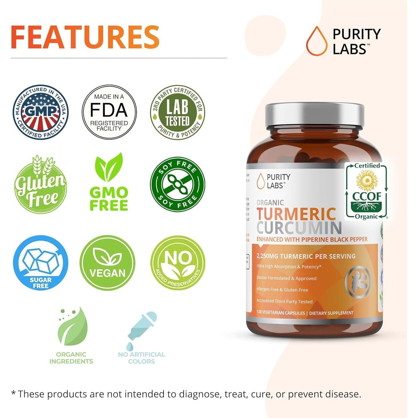 Organic Turmeric Curcumin with Black Pepper Bioperine 2,250 Mg - Antioxidant Joint Supplement, Muscle & Brain Support 120 Capsules