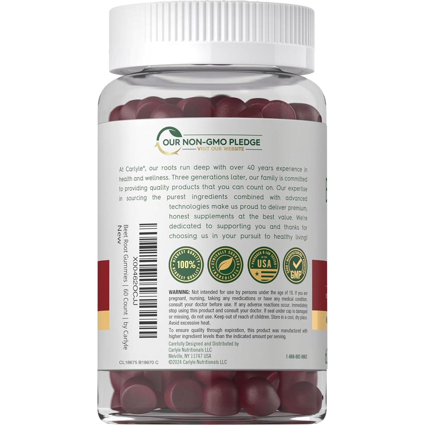 Carlyle Beet Root Gummies | 60 Count | Vegan Strawberry Flavored Chewable Supplement | Non-Gmo, Gluten Free
