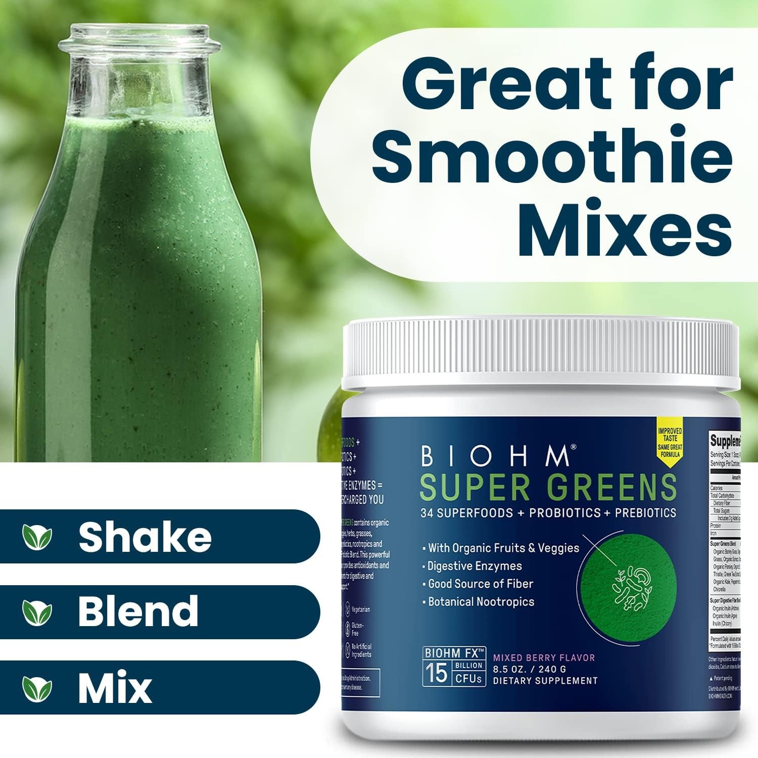 BIOHM Super Greens, Antioxidant Veggie Powder & Smoothie Mix (8.5 Oz, 30 Servings)