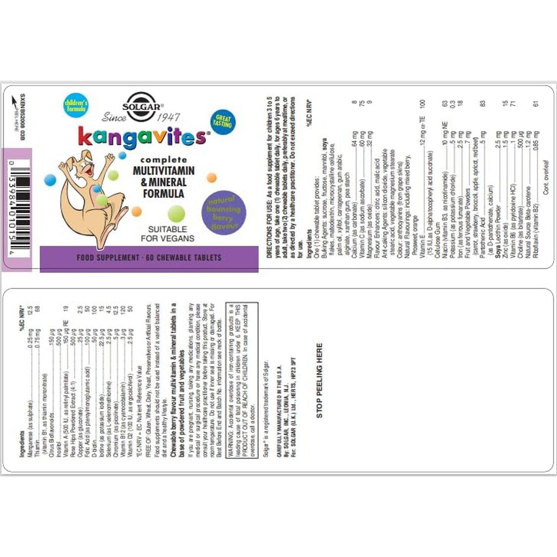 Solgar Kangavites, Bouncin’ Berry Flavor - Complete Multivitamin & Mineral Formula for Children 120 Tablets