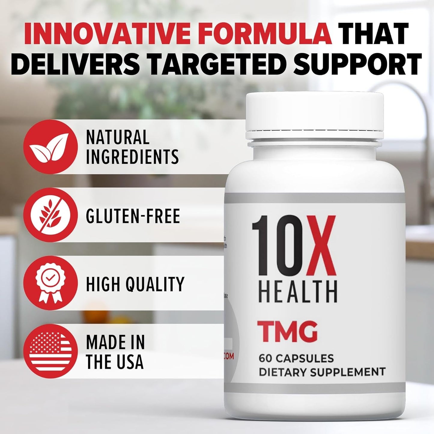 10X Health TMG Supplements - Trimethylglycine Supplement for Liver Support, Heart Wellness, Energy - 60 Capsules