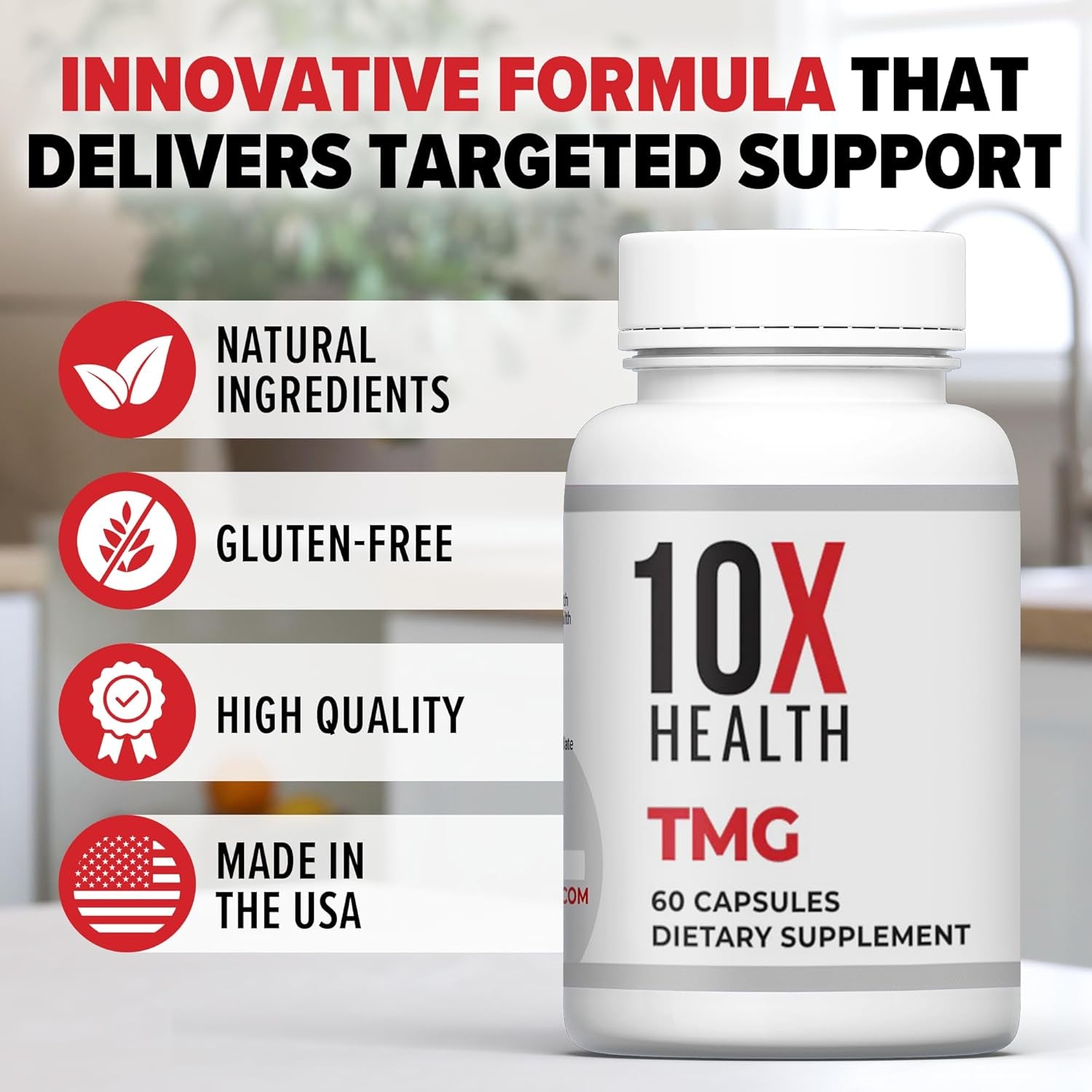 10X Health TMG Supplements - Trimethylglycine Supplement for Liver Support, Heart Wellness, Energy - 60 Capsules