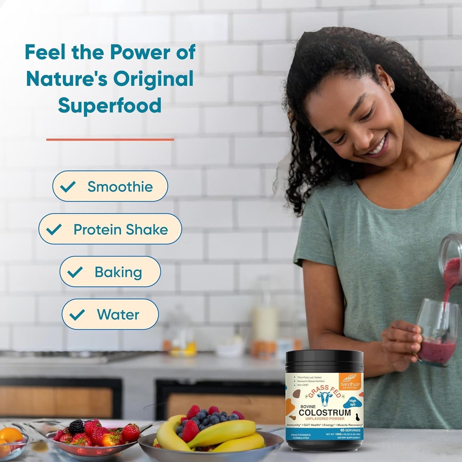 Grass Fed Bovine Colostrum Powder for Humans, Adults | Immunity & Muscle Recovery Support 65 Servings