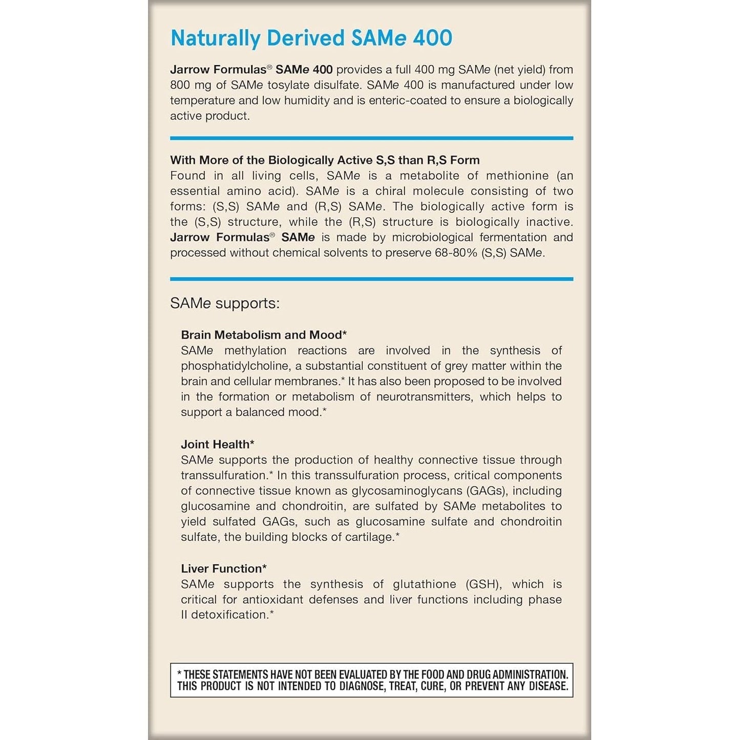Jarrow Formulas Same 400 Mg, Supports Joint Health, Liver Function, Brain Metabolism, 60 Tablets