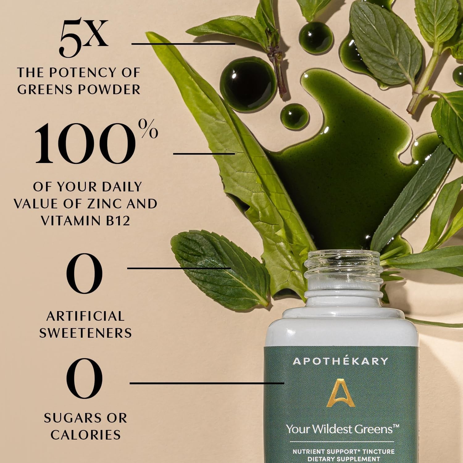Apothékary Your Wildest Greens Tincture, All-In-One Daily Greens Superfood Supplement (15 Servings) 1.22Oz