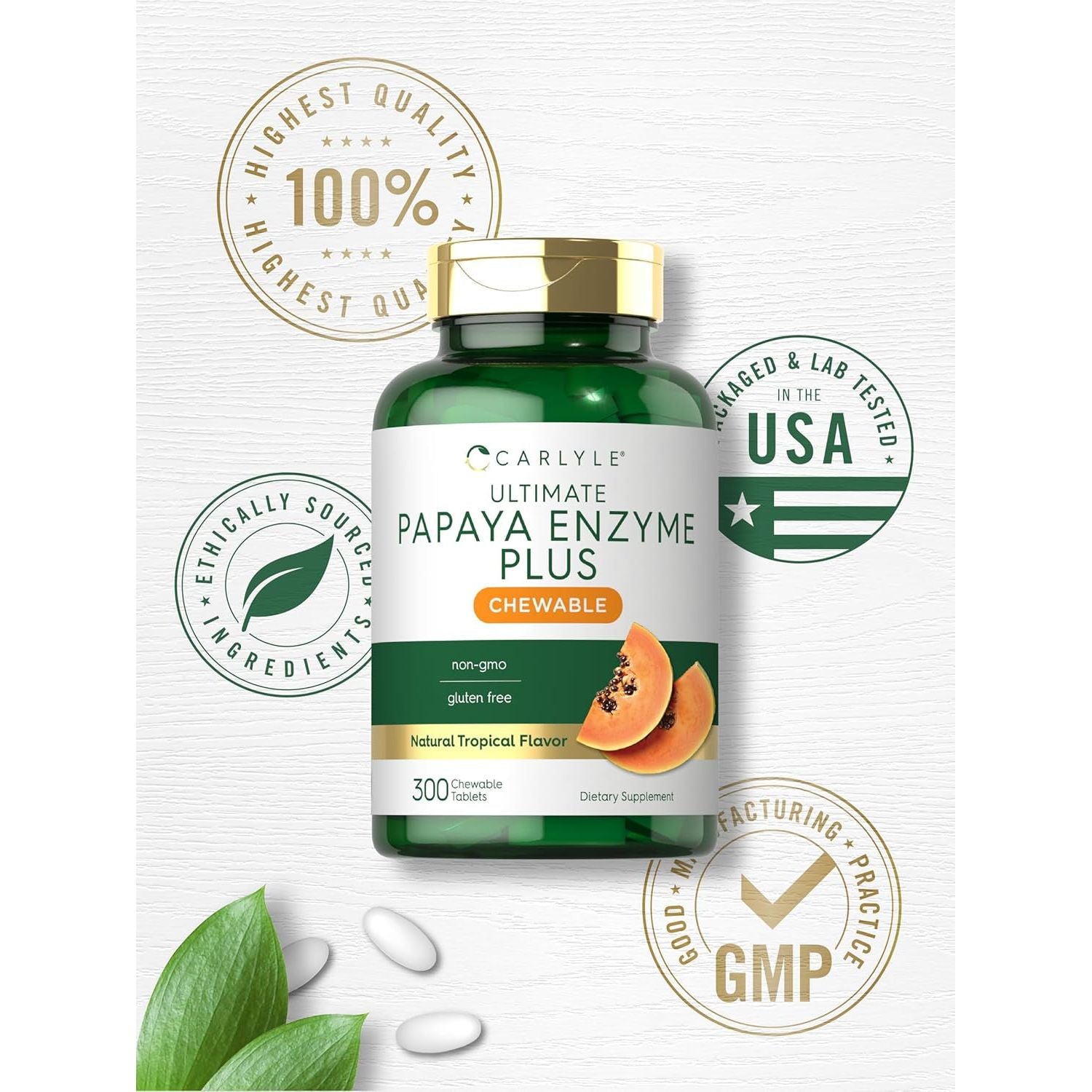 Carlyle Papaya Enzyme Chewable Tablets | Vegetarian, Non-Gmo, Gluten Free Formula | Tropical Flavor