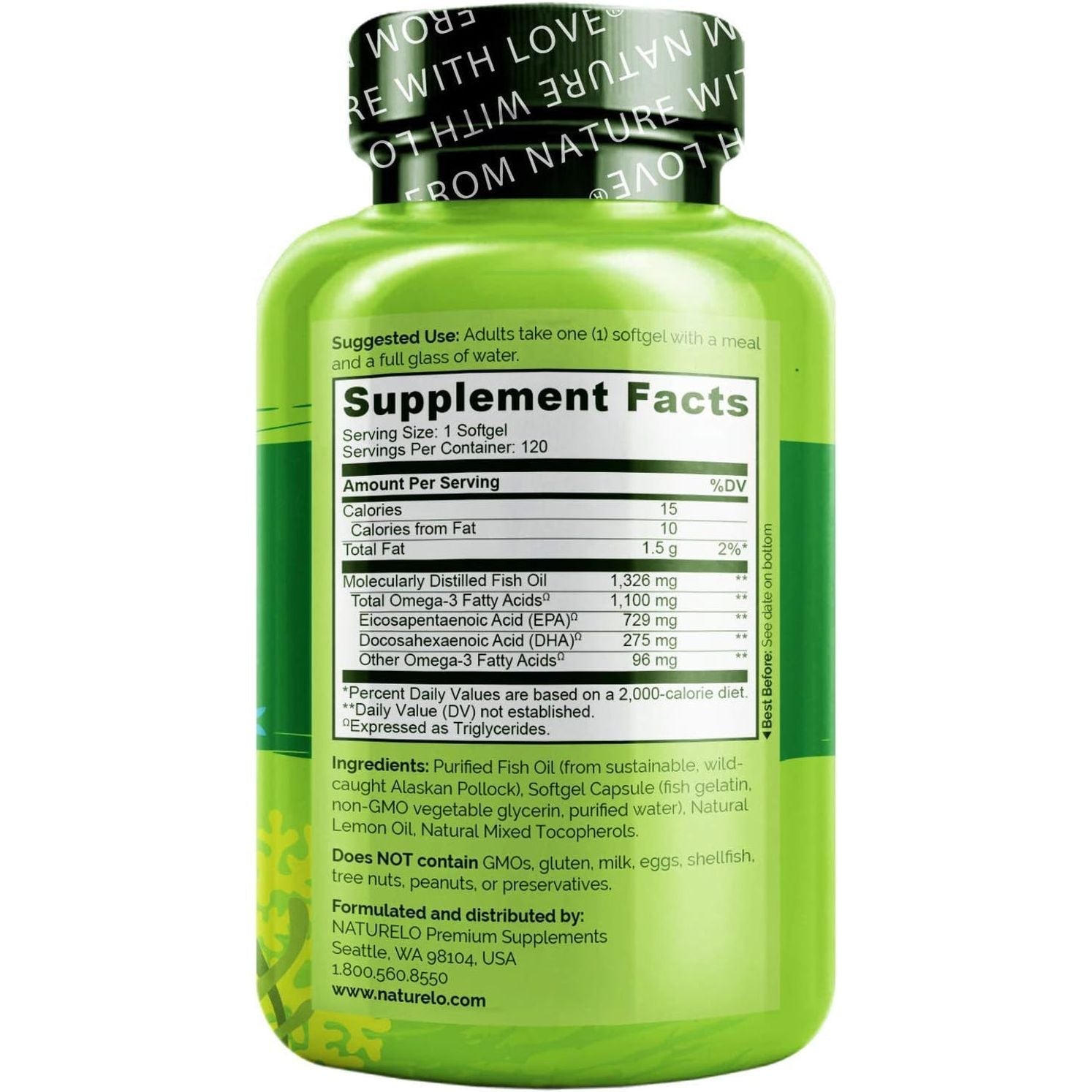 NATURELO Burpless Omega 3 Fish Oil Supplement - 1100Mg Triglyceride Omega-3, EPA + DHA 120 Softgels