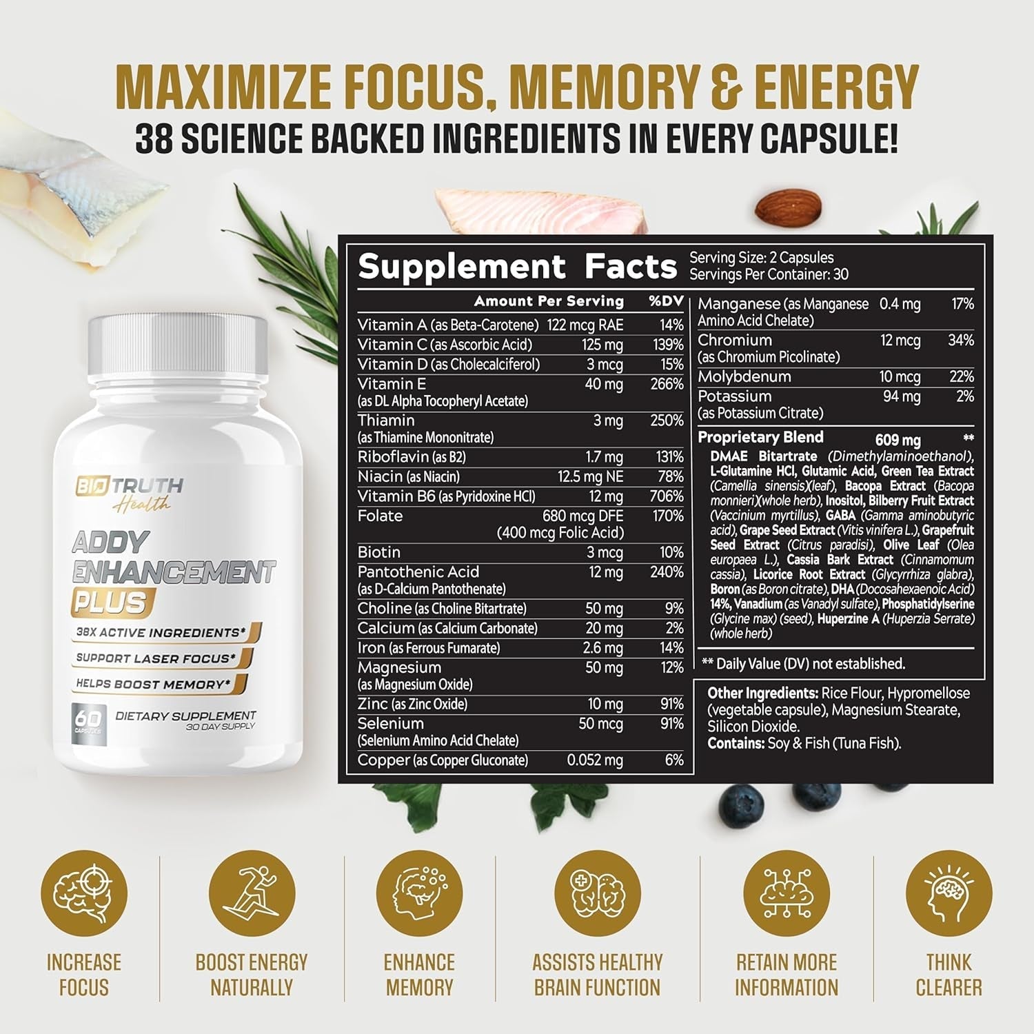 Biotruth Health - Highest Dosed 38 Ingredient Natural Adderall Substitute Brain Supplement Nootropic Pills - 60 Pills