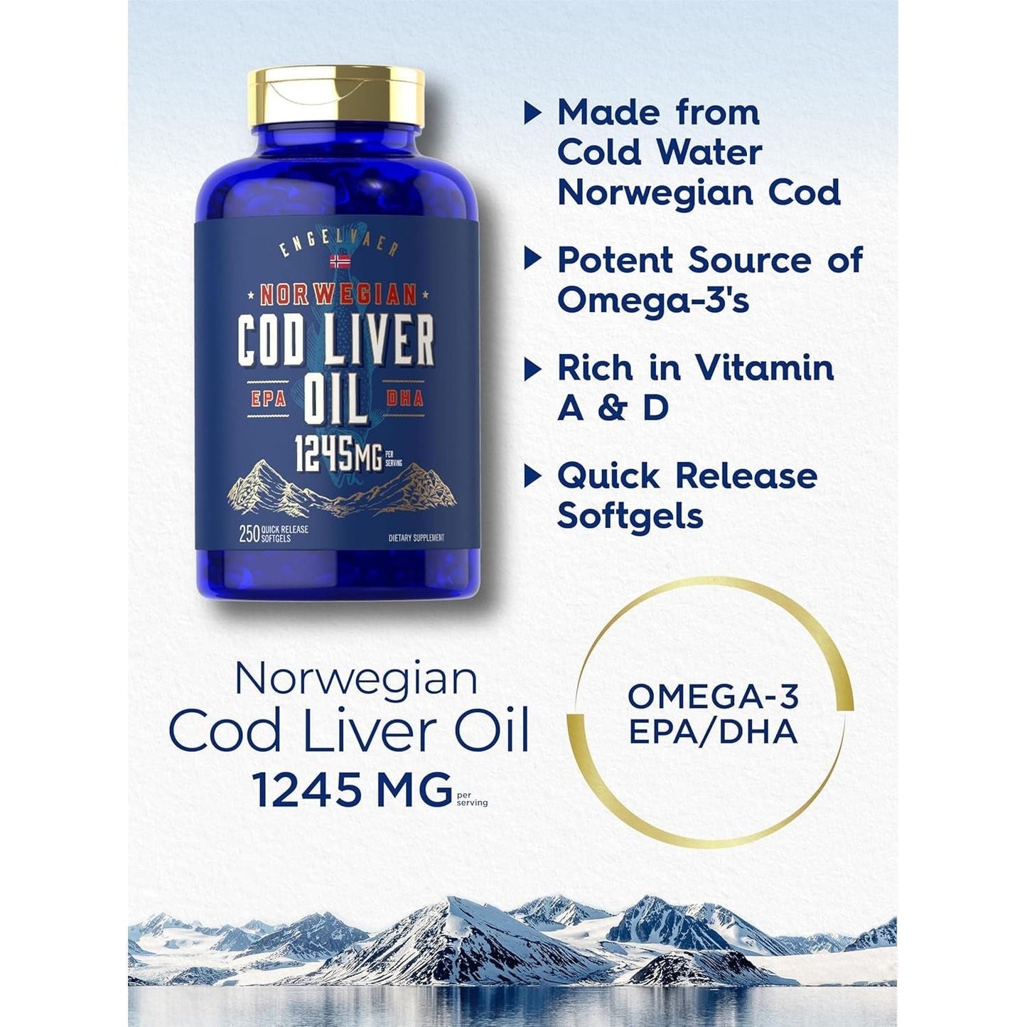 Carlyle Cod Liver Oil Softgels | 1245Mg | 250 Count | Norwegian | Non GMO, Gluten Free