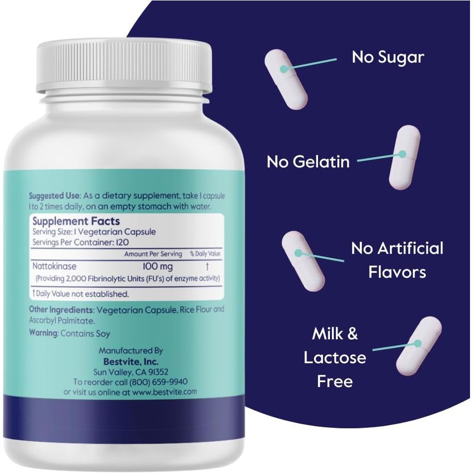 BESTVITE Nattokinase 100Mg (2000 FU) (120 Vegetarian Capsules)