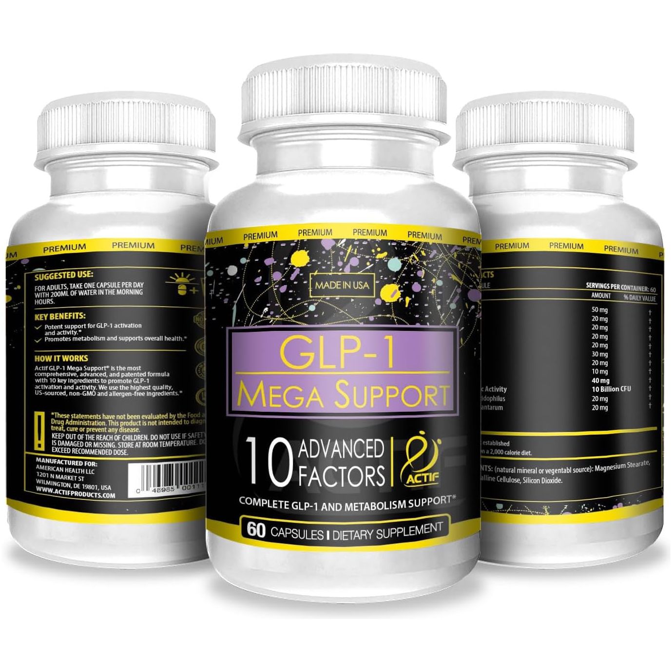 ACTIF GLP-1 Mega Support with 10 Advanced Weight Factors and Probiotics 60 Count