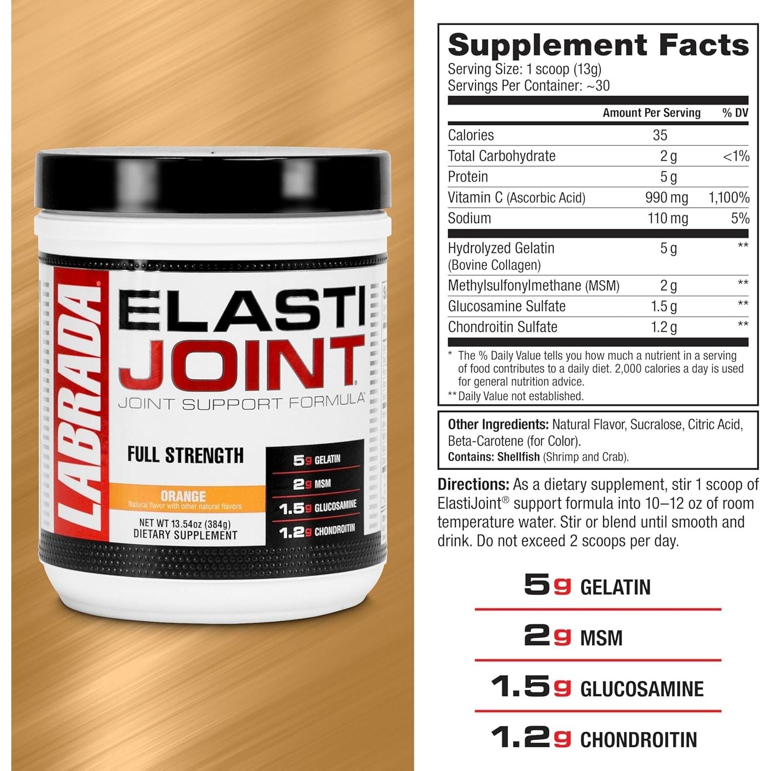 Labrada Nutrition Elastijoint, Orange Flavor,Glucosamine Joint Support Supplement Powder 