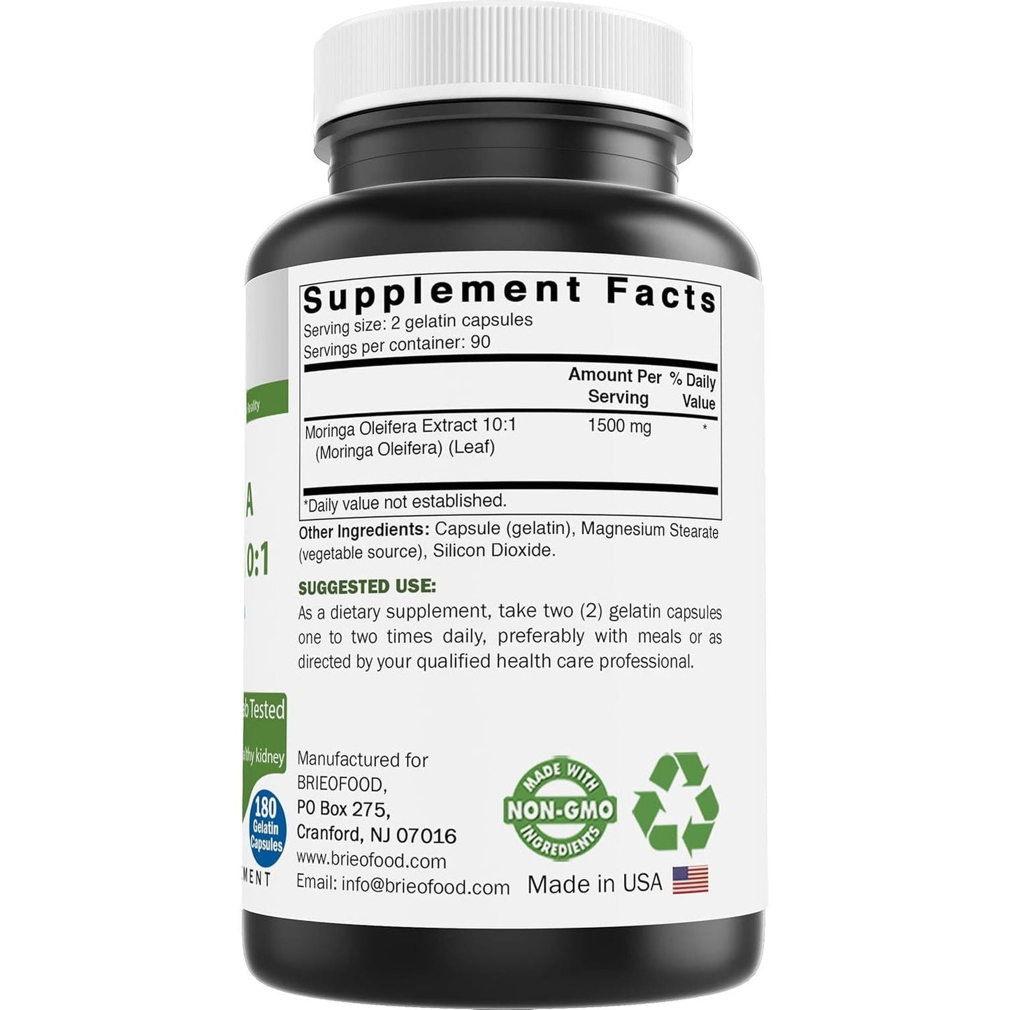 Brieofood Moringa Oleifera Extract 10:1 1500 Mg - Moringa Leaf Green Superfood 180 Capsules