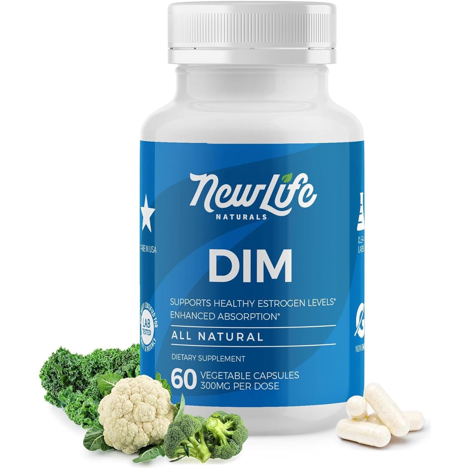 Newlife Naturals DIM Supplement 300Mg - Hormonal Acne, Estrogen Balance Pills, Post Menopause Relief - 60 Day Supply
