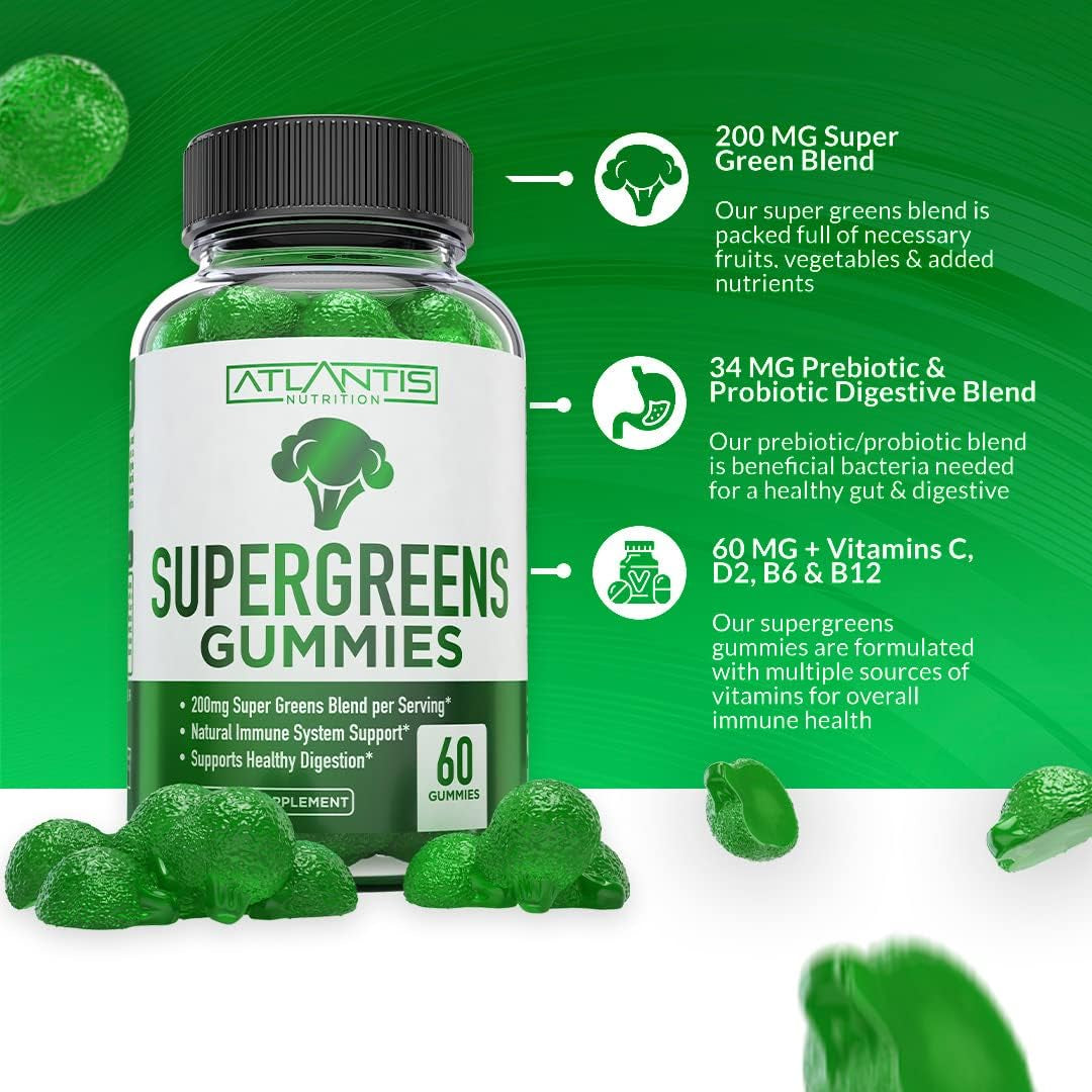 Atlantis Nutrition Supergreens Gummies - Daily Green Superfoods Supplement - Natural Raspberry Flavor, 60 Count