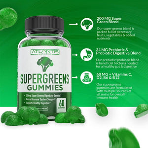 Atlantis Nutrition Supergreens Gummies - Daily Green Superfoods Supplement - Natural Raspberry Flavor, 60 Count