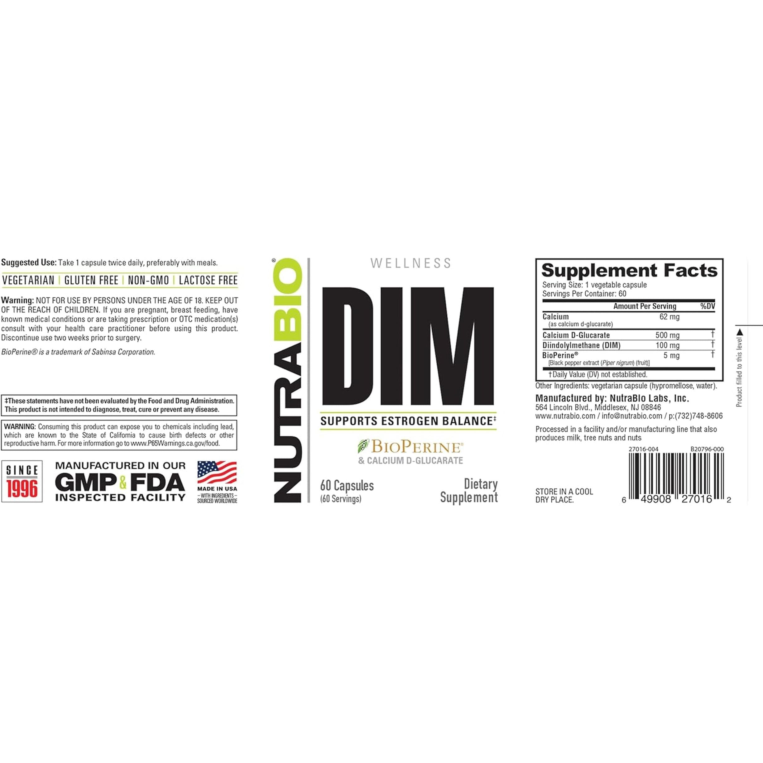Nutrabio DIM Supplement, Supports Estrogen Balance, 100Mg - 60 Vegetable Capsules