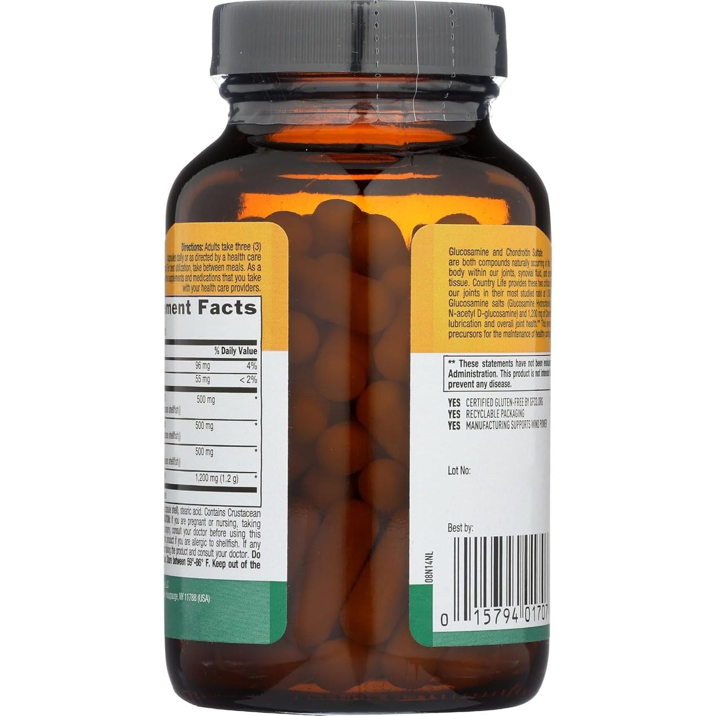 Country Life Glucosamine Chondroitin 1500Mg/1200Mg - Supports Joint Health & Lubrication - 90 Capsules