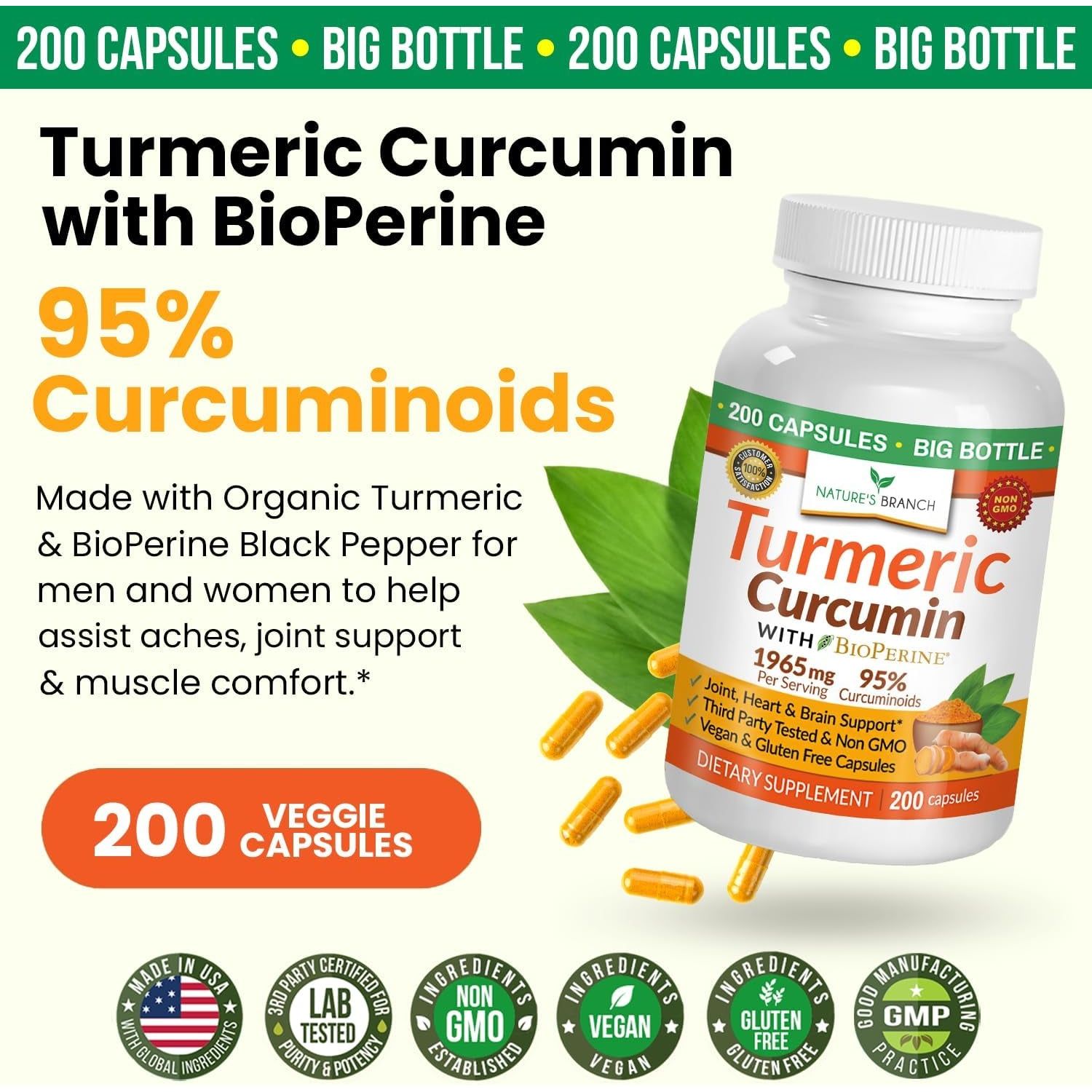 Turmeric Curcumin with Black Pepper Extract - Organic Powder - Joint Support Supplement, Made in USA - (200 Capsules/1965Mg )