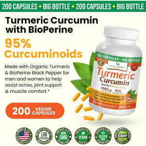 Turmeric Curcumin with Black Pepper Extract - Organic Powder - Joint Support Supplement, Made in USA - (200 Capsules/1965Mg )