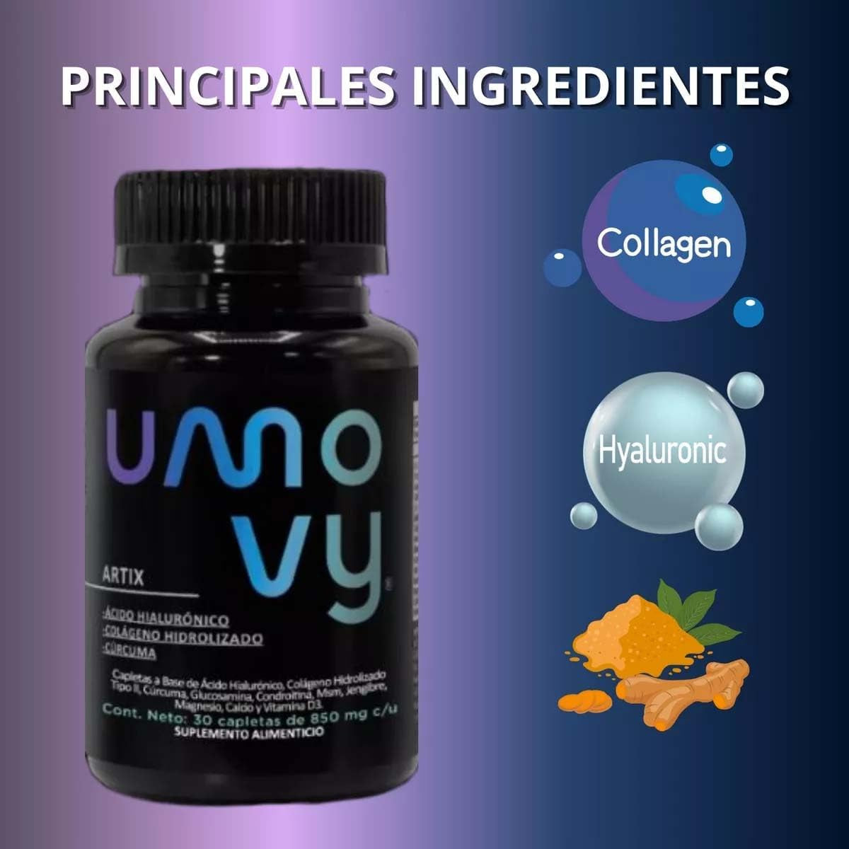 Umovy Artix Hydrolyzed Collagen Type II, Hyaluronic Acid, Turmeric, Glucosamine, Chondroitin, MSM, Ginger, Magnesium, Calcium, Vitamin D Supplement, 30 Capsules