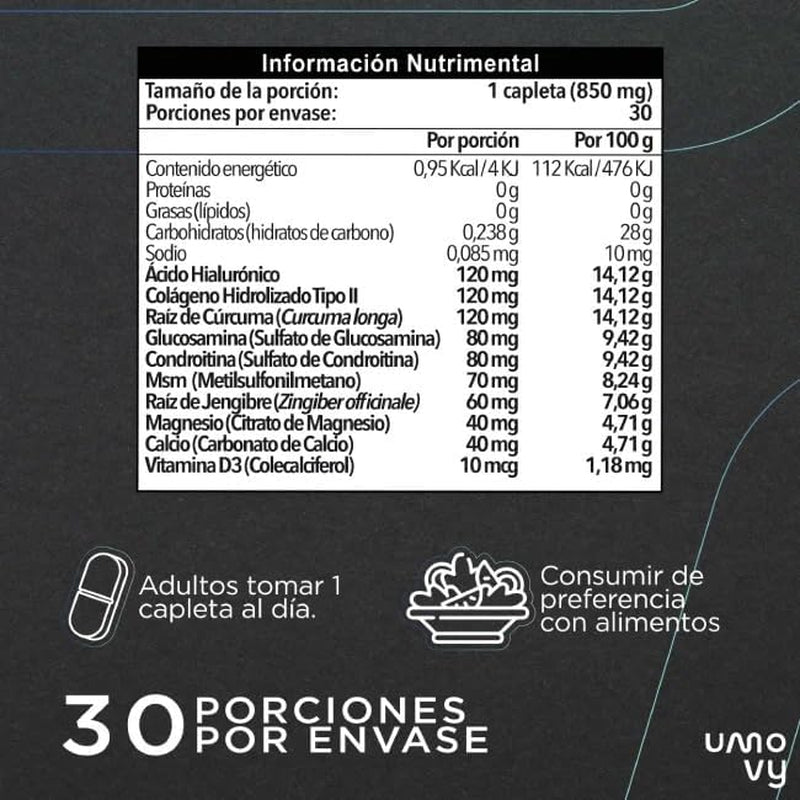 Umovy Artix Hydrolyzed Collagen Type II, Hyaluronic Acid, Turmeric, Glucosamine, Chondroitin, MSM, Ginger, Magnesium, Calcium, Vitamin D Supplement, 30 Capsules