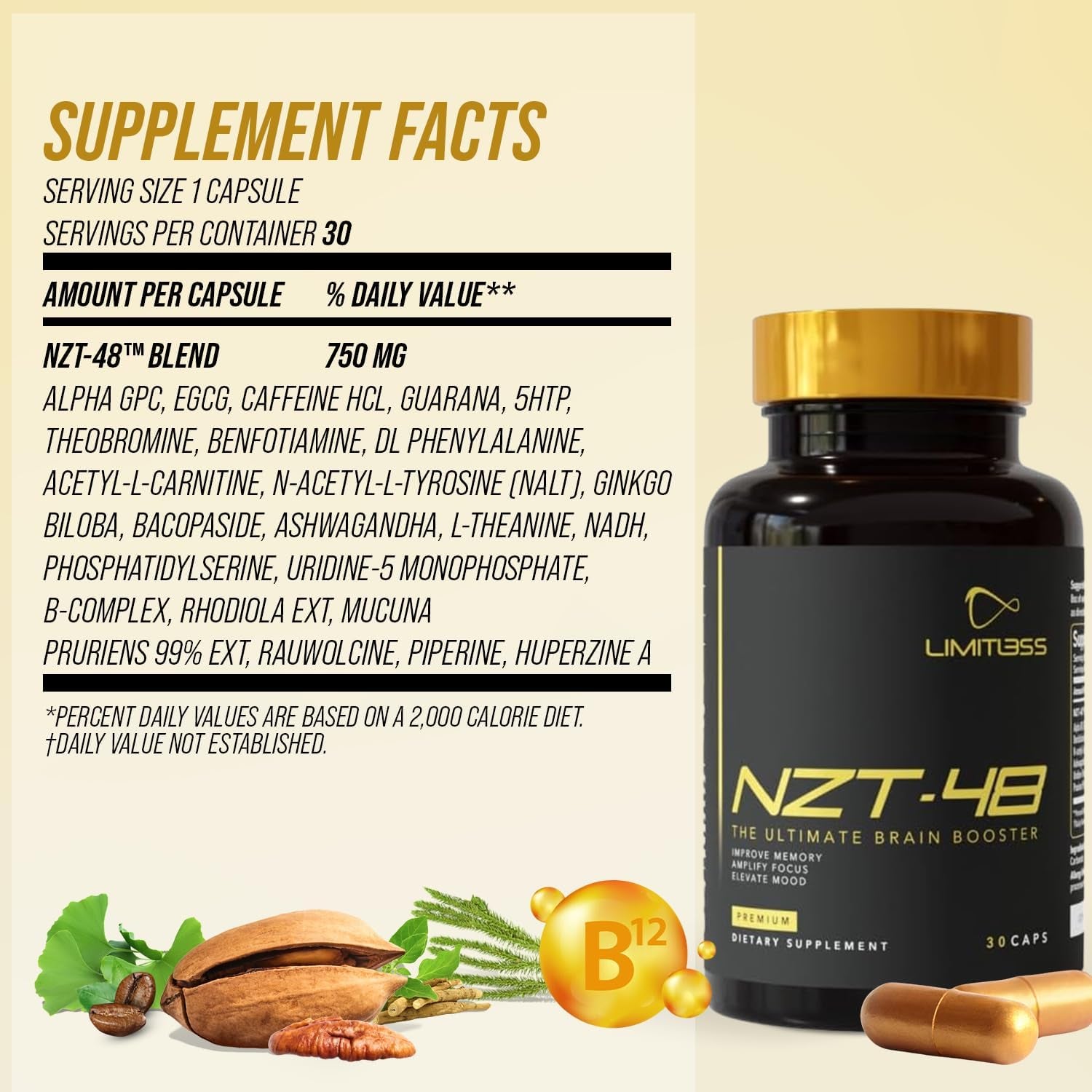 NZT-48 Brain Booster | Nootropic Brain Supplements for Memory and Focus 30 Servings