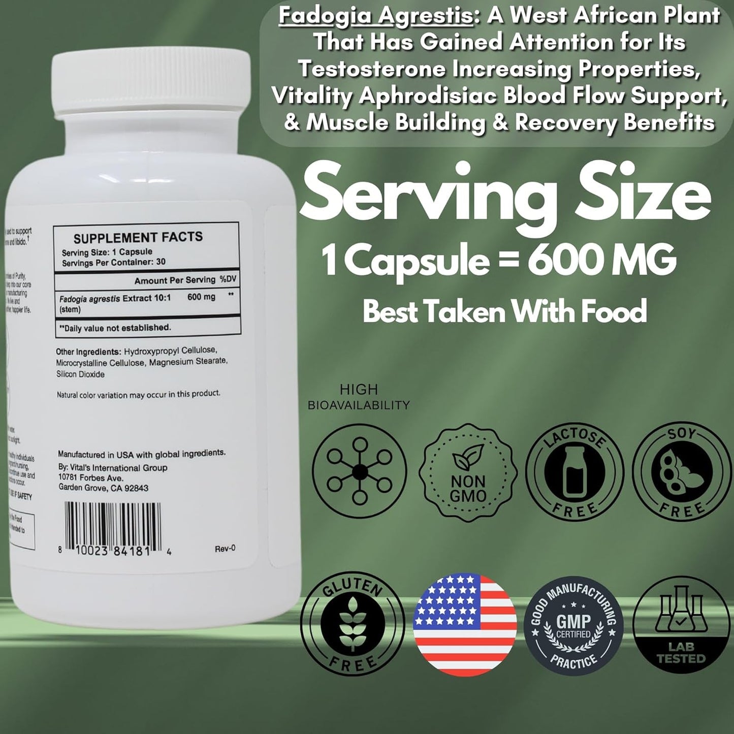 PRISTINE'S Fadogia Agrestis 600MG - Sports Nutrition Testosterone Booster Support Capsules 30-Day Supply