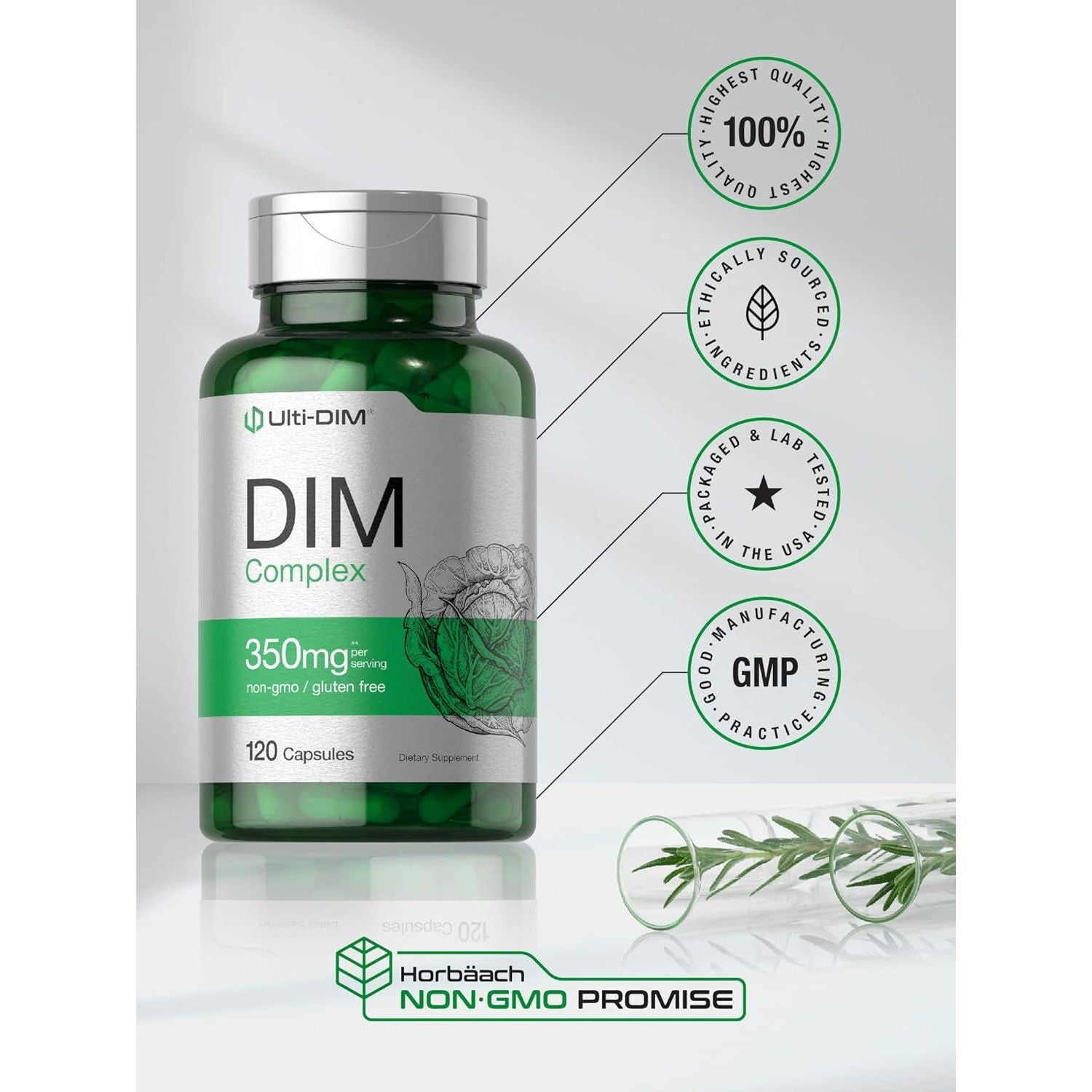 Horbäach DIM Supplement | 350Mg Complex |120 Capsules | Diindolylmethane | with Broccoli & Kale | Non-Gmo, Gluten Free