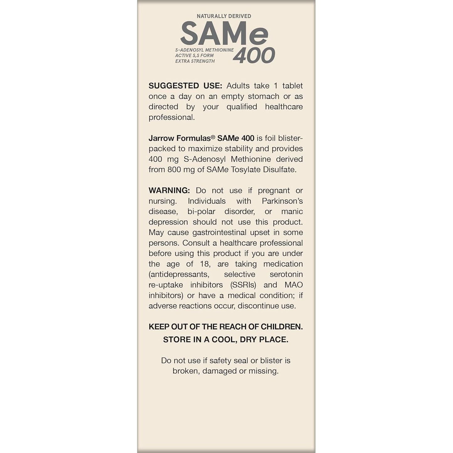 Jarrow Formulas Same 400 Mg, Supports Joint Health, Liver Function, Brain Metabolism, 60 Tablets