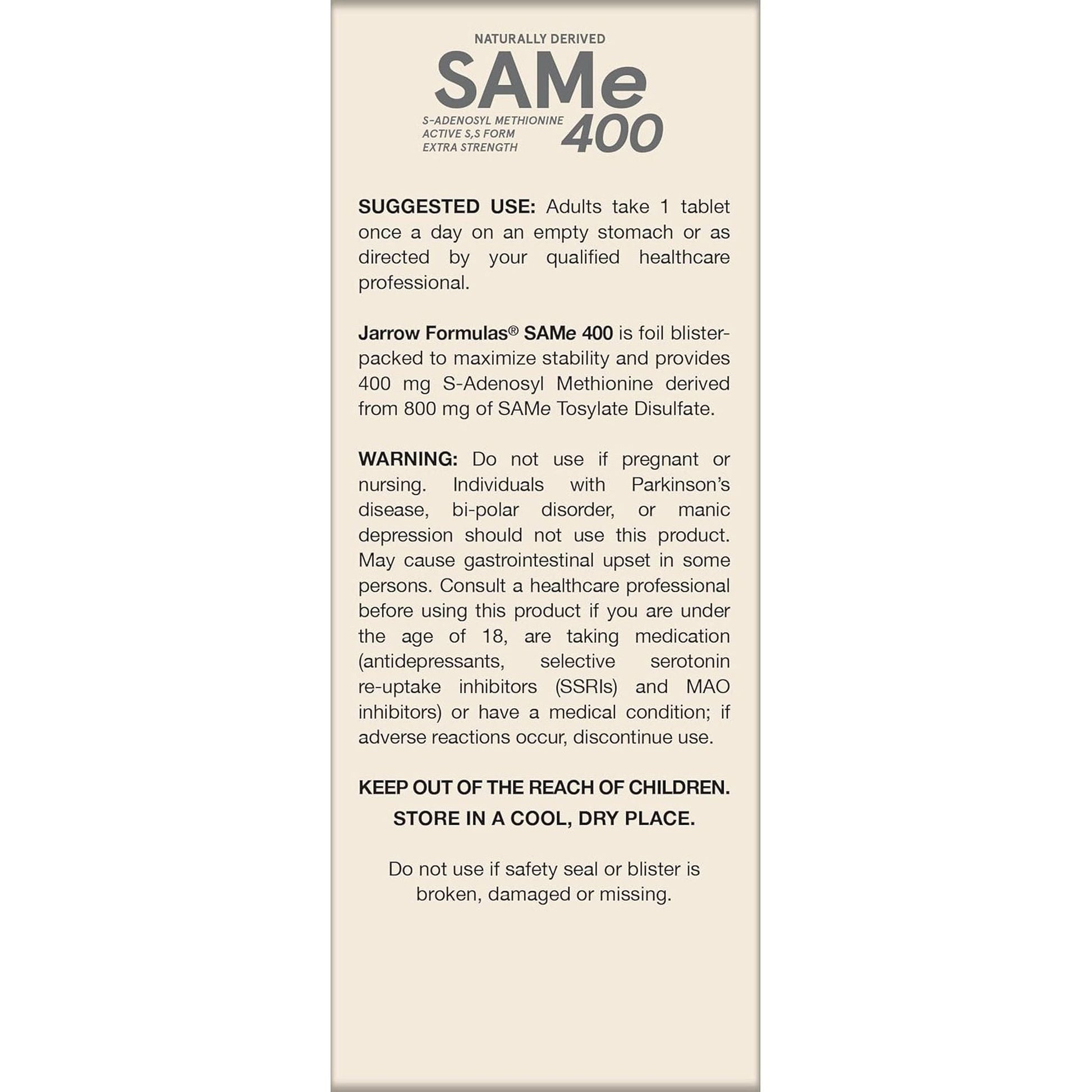 Jarrow Formulas Same 400 Mg, Supports Joint Health, Liver Function, Brain Metabolism, 60 Tablets