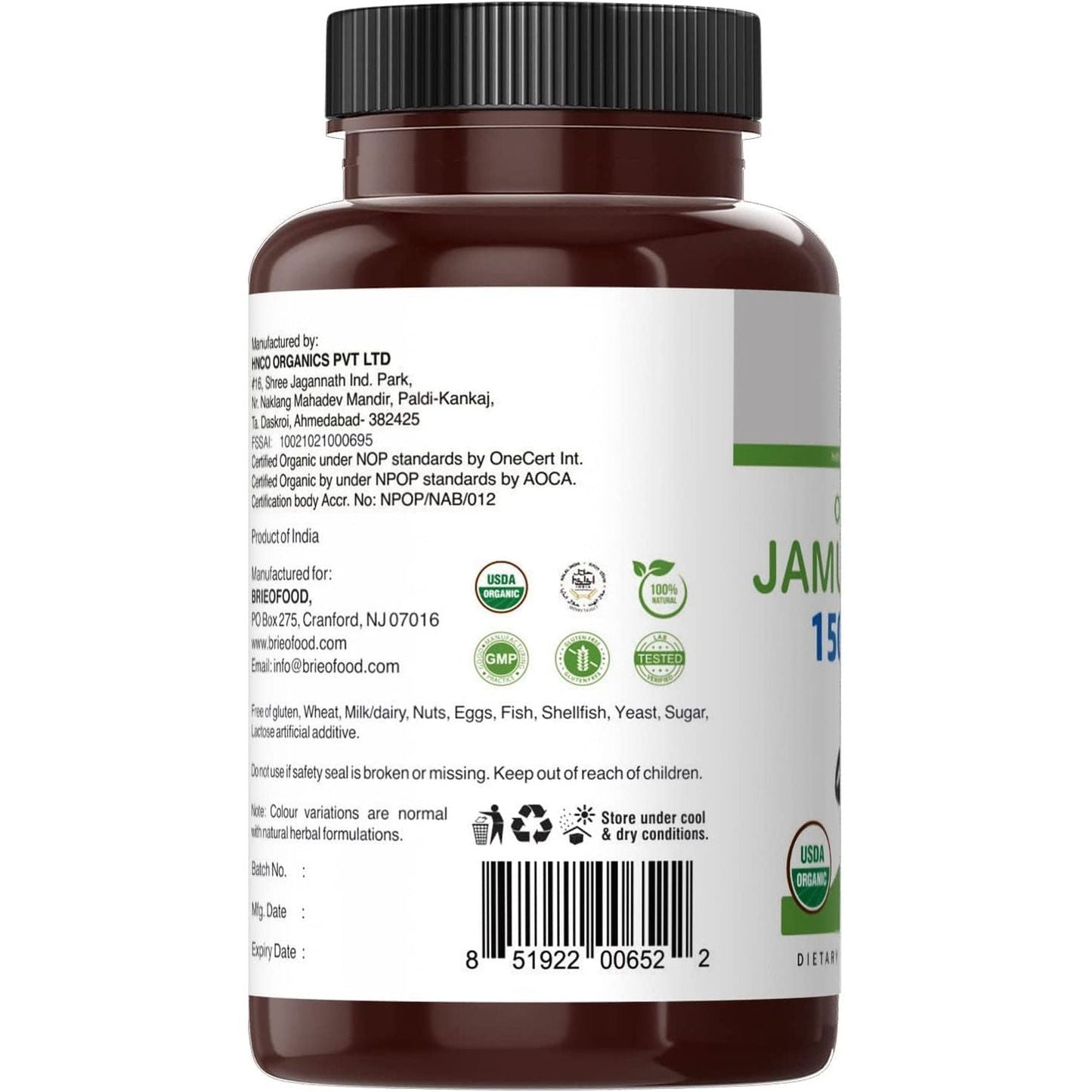 Brieofood Organic Jamun Seed 1500Mg, 45 Servings, Vegetarian, Gluten Free