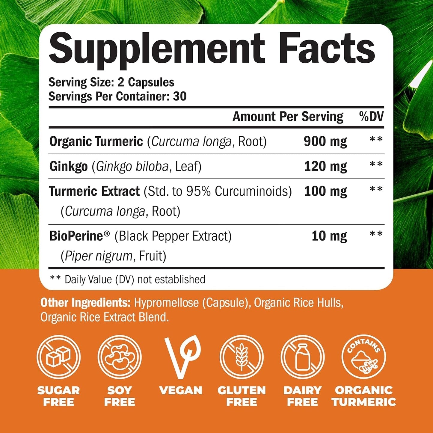 Turmeric Curcumin with Black Pepper and Ginkgo Biloba Supplements to Aid Joint Health, Brain Clarity. 60 Caps