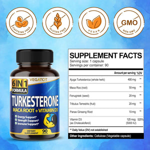 VEGATOT 6 in 1 High Strength Turkesterone Concentrated with Maca Root Fenugreek Tribulus (60 Count)