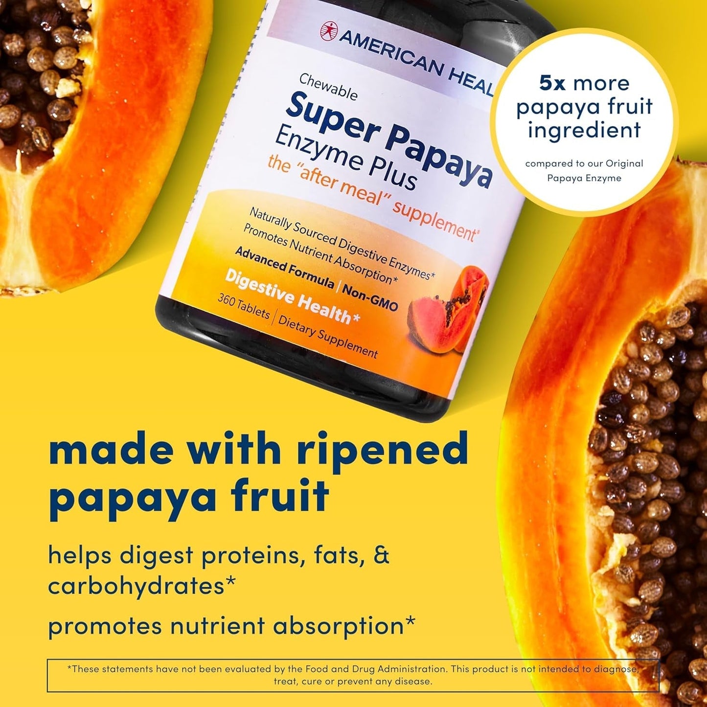American Health Super Papaya Enzyme plus Chewable Tablets, Promotes Digestion & Nutrient Absorption 90 Count, 30 Servings