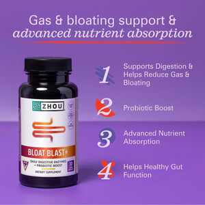 Zhou Nutrition Bloat Blast+ Digestive Enzymes with Probiotics, Reduce Water Retention and Improve Digestive Health, 30 Servings