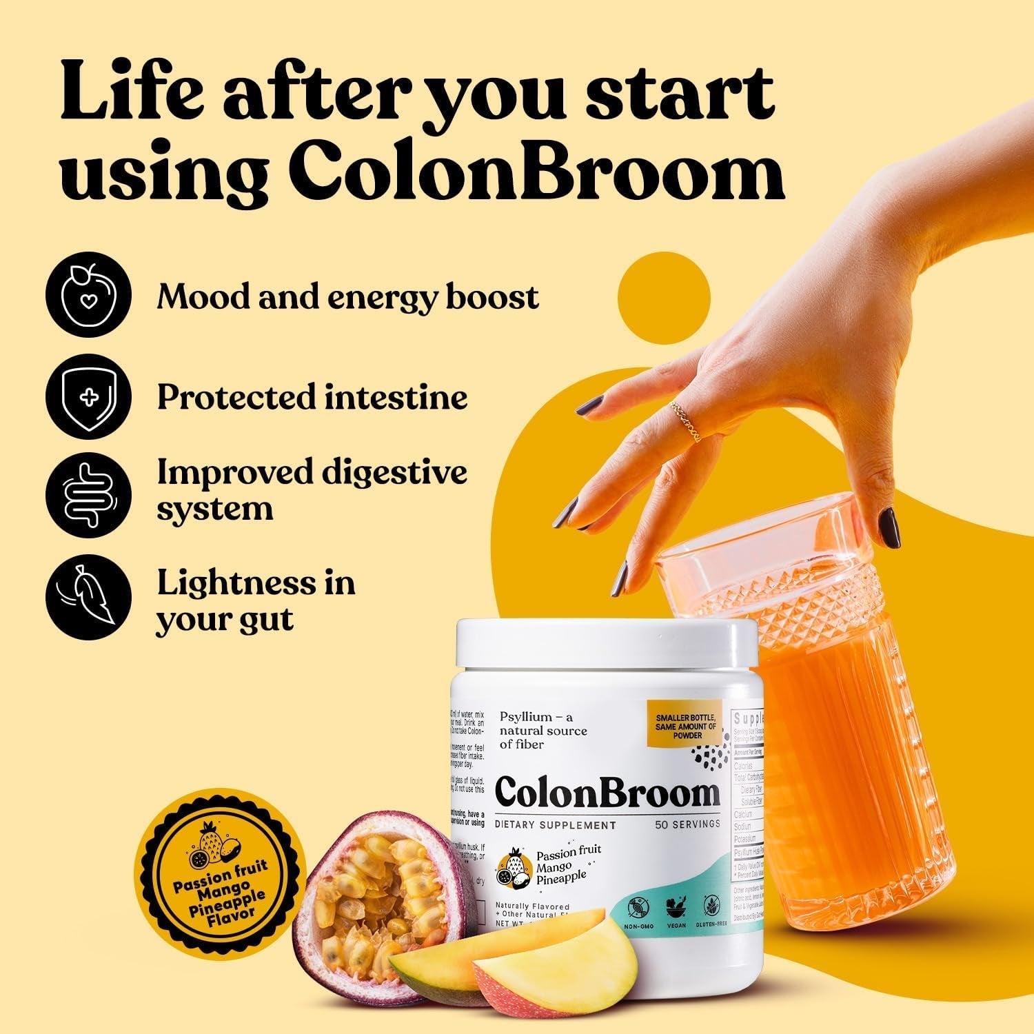 Colonbroom Psyllium Husk Powder with Stevia (Tropical Fruits) - Colon Cleanse for Bloating Relief & Gut Health 50 Servings