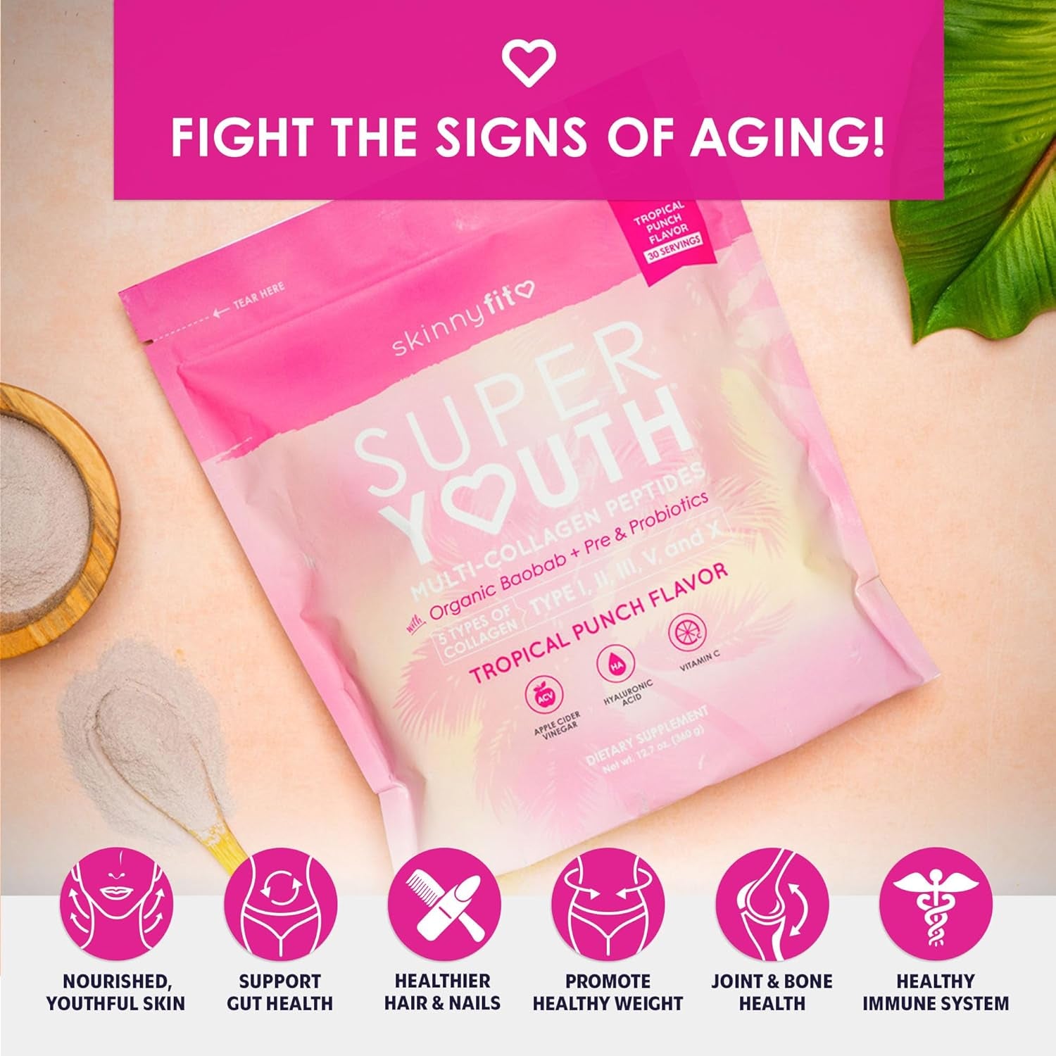 Skinnyfit Super Youth Tropical Punch Multi-Collagen Peptides + Probiotics, 30 Servings