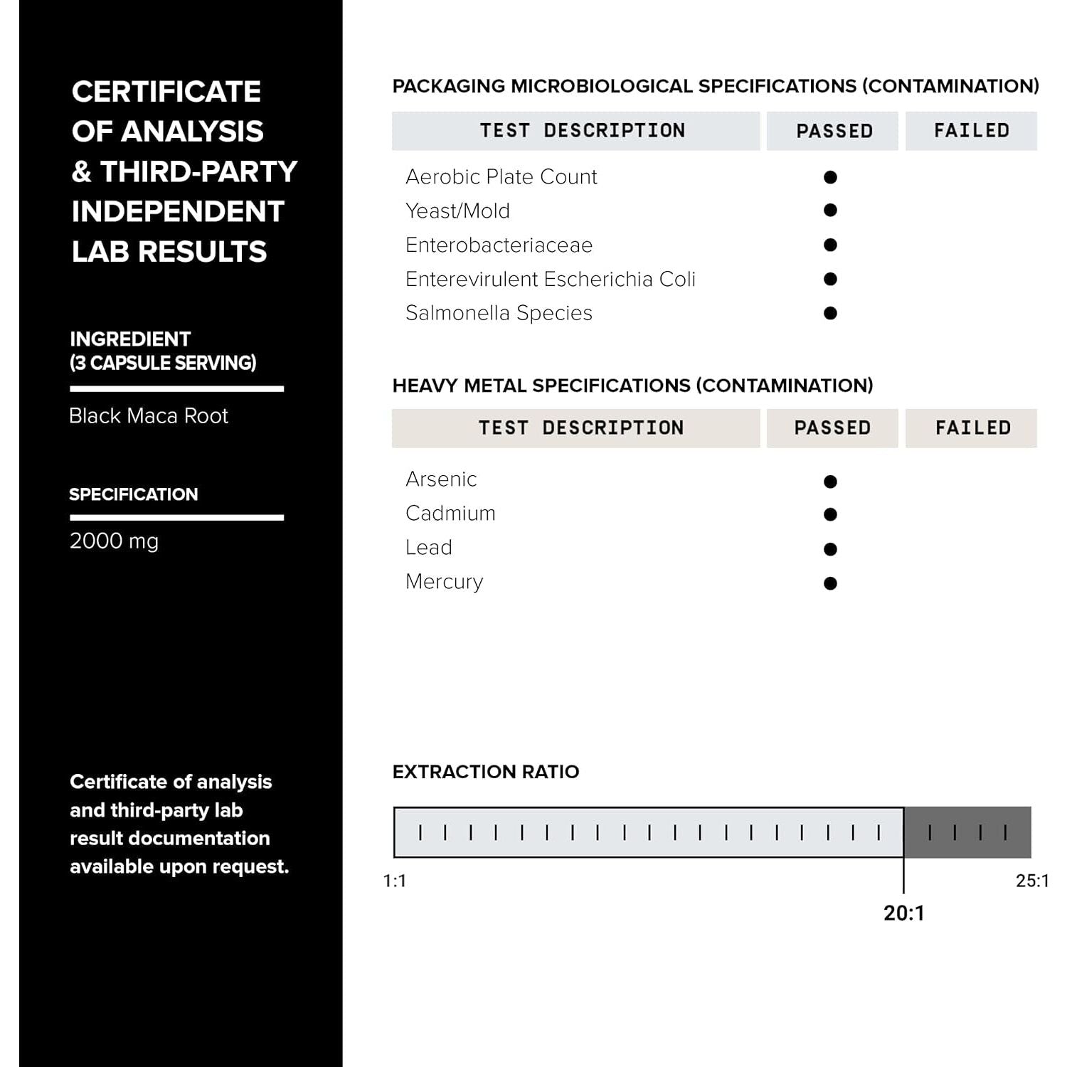 Black Maca Root - Ultra High Potency 20:1 Extract - Single Origin, Wildcrafted & Highly Concentrated -  120 Capsules